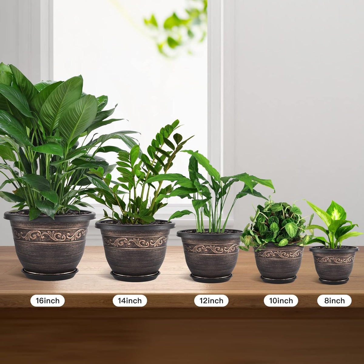 Plastic-Plant-Flower-Planters-14 Inch with Drainage Hole & Saucer, 3 Packs Lightweight Large Resin