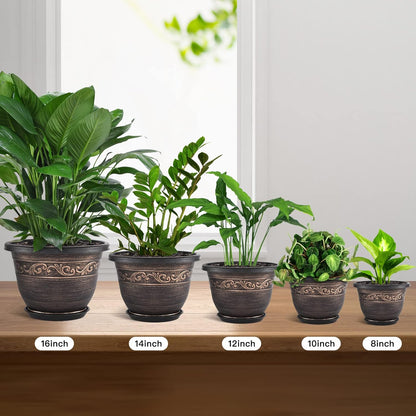 Plastic-Plant-Flower-Planters-14 Inch with Drainage Hole & Saucer, 3 Packs Lightweight Large Resin
