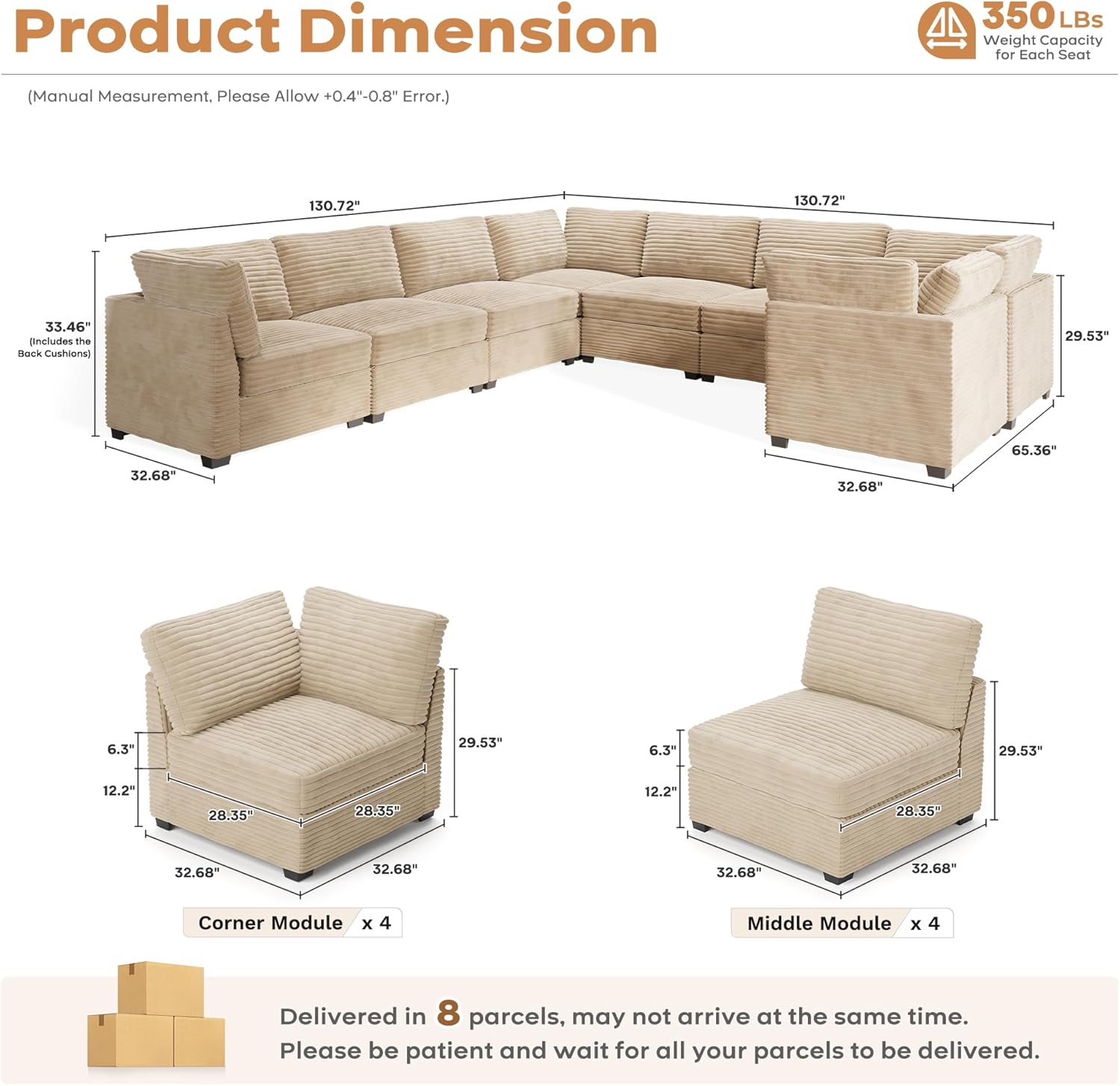 ovios Sectional Sofa Couch with U-Shape Chaise Oversized, Comfy Modular Cloud Couches with Deep