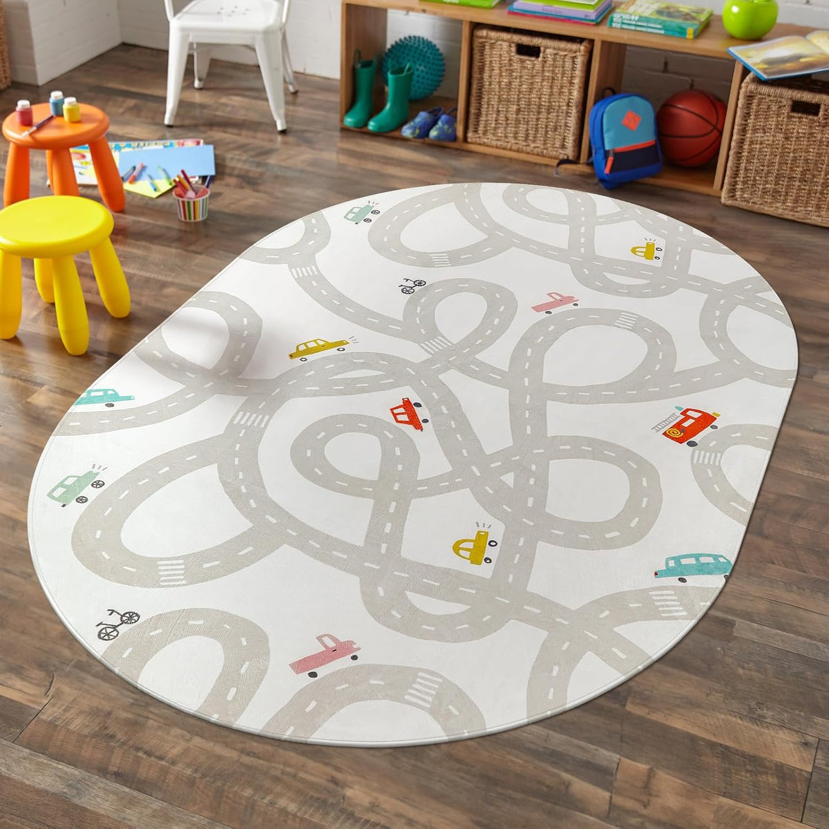 STARUIA Grey Kids Rug for Playroom, 5'x7' Washable Road Rug for Kids Bedroom, Non-Slip Car Rugs for