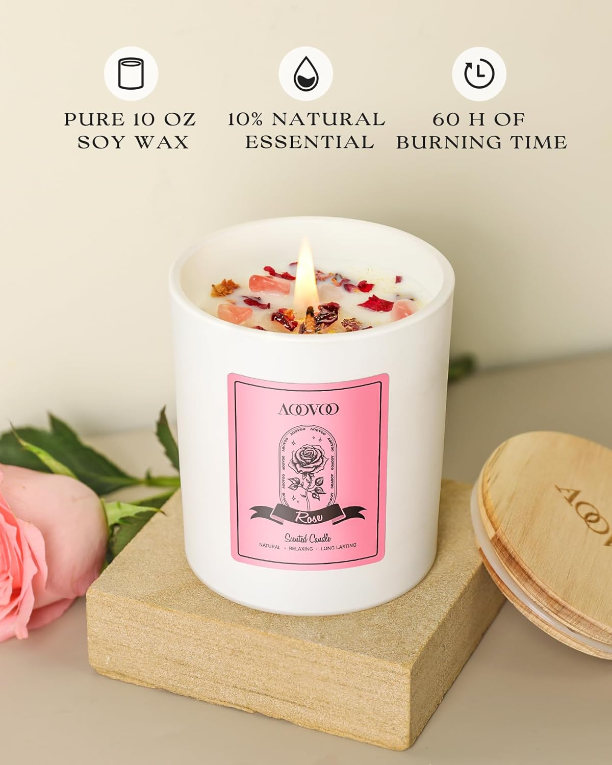 AOOVOO Rose Scented Candles for Women - Aromatherapy Candle with Crystals Inside, 10oz Soy Candles