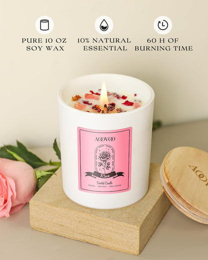 AOOVOO Rose Scented Candles for Women - Aromatherapy Candle with Crystals Inside, 10oz Soy Candles