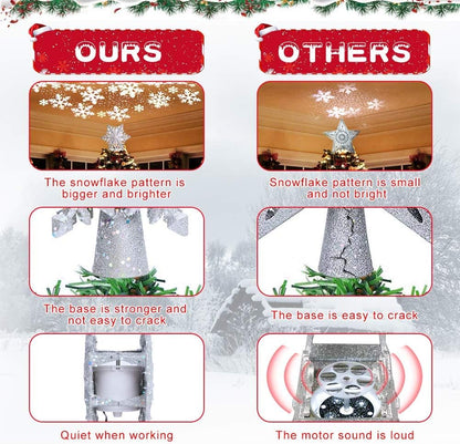 OurWarm Christmas Tree Topper Lighted with LED Rotating Silver Snowflake Decorations Projector