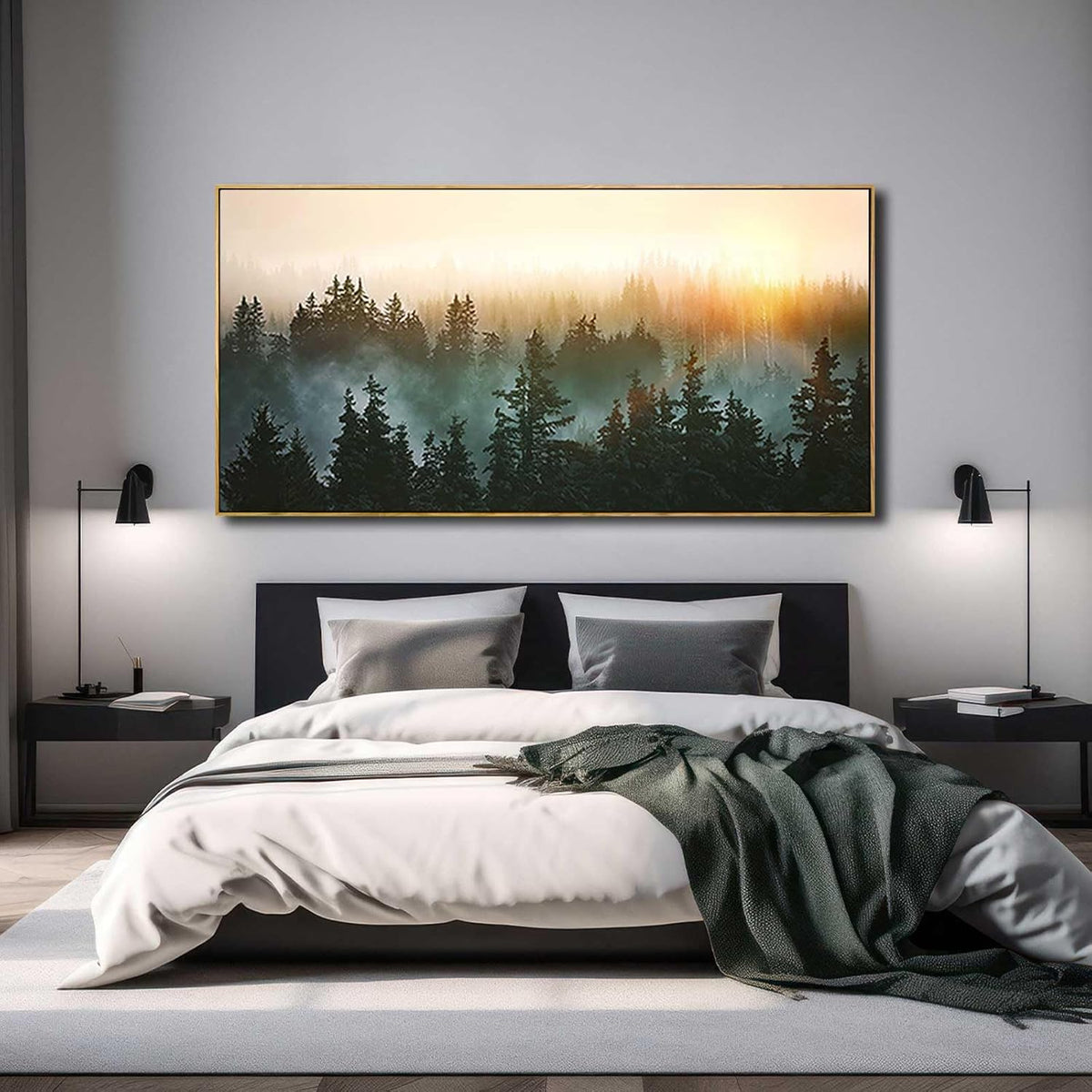 Large Artwork Foggy Forest Canvas Wall Art Landscape Mountain Painting Wall Art for Bedroom Living