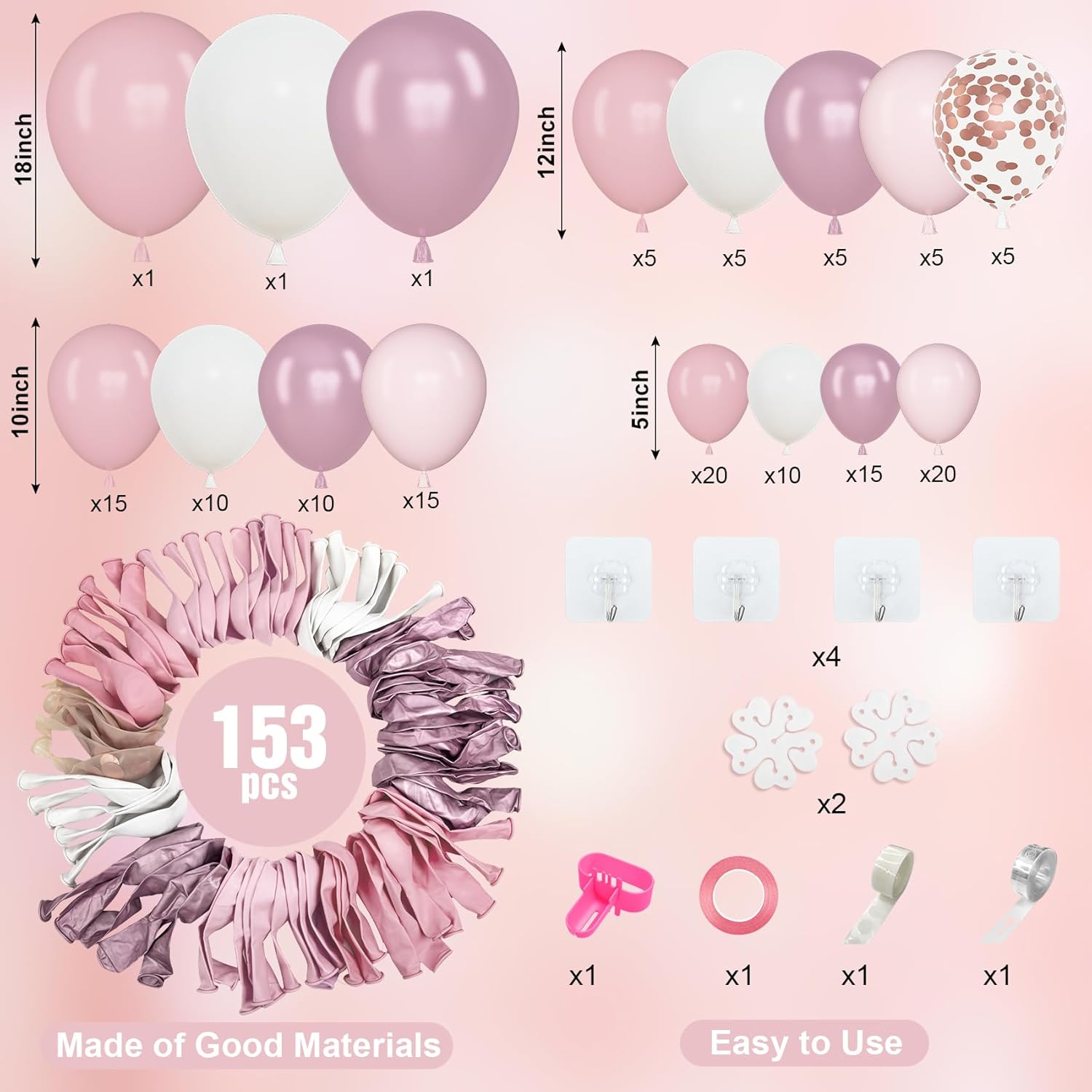 Amandir 153pcs Pink White Balloons Arch Garland Kit, Different Sizes 18 12 10 5inch Pastel Light