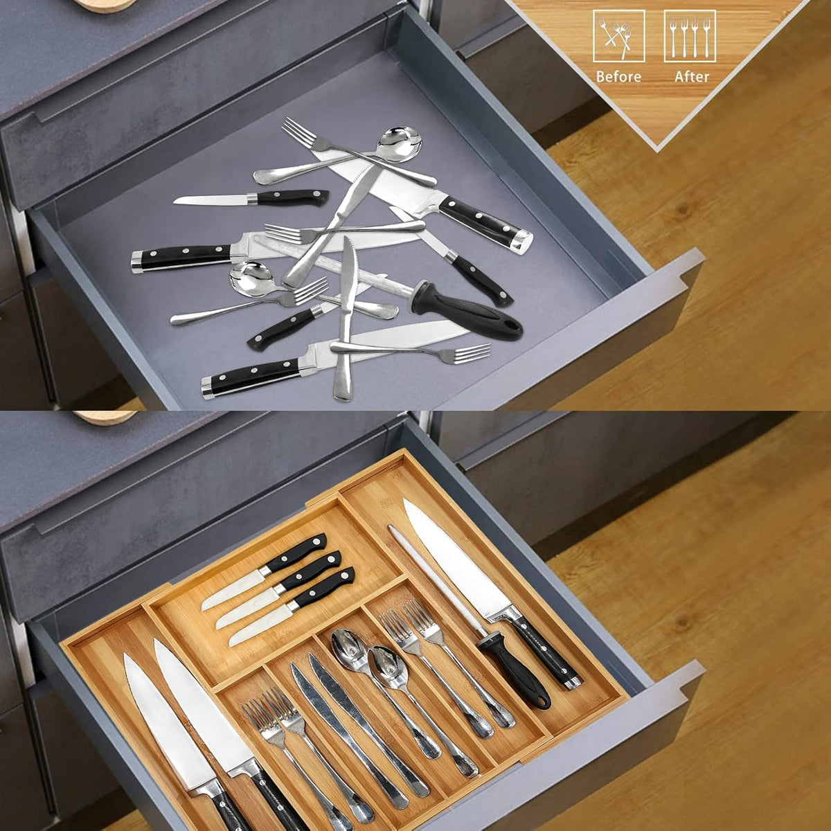 VaeFae Premium Bamboo Drawer Organizer, Expandable Silverware Drawer Organizer, Cutlery Tray with