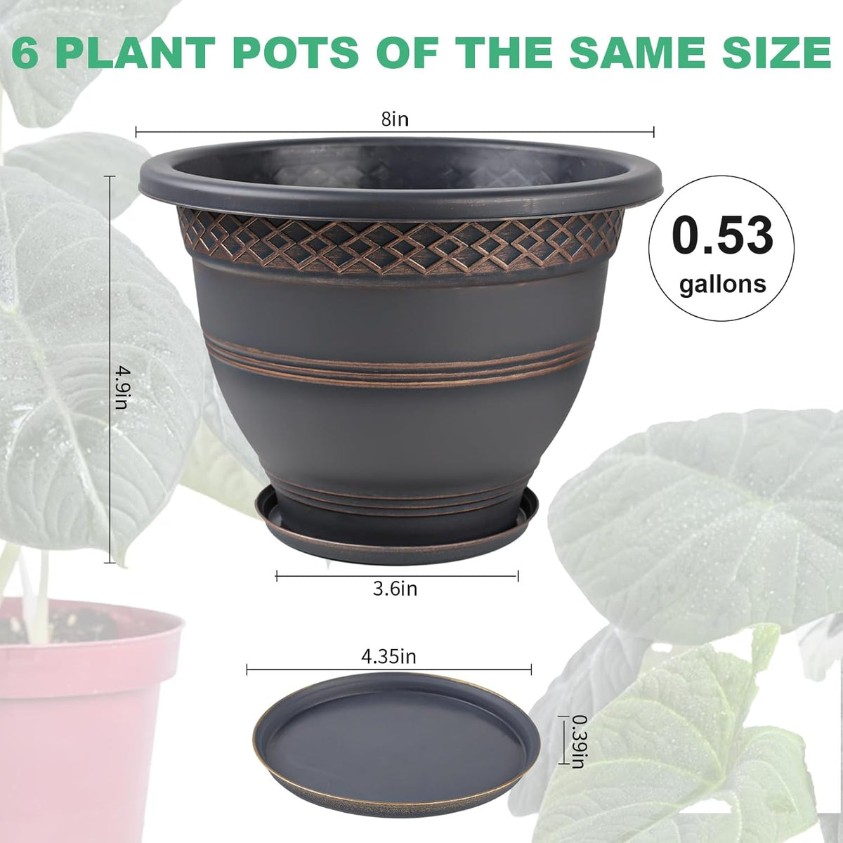 6 Pack 8 Inch Plant Pots, Plastic Flower Pot for Indoor & Outdoor with Drainage Holes & Saucer
