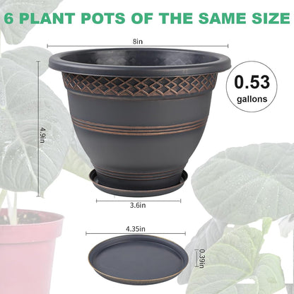 6 Pack 8 Inch Plant Pots, Plastic Flower Pot for Indoor & Outdoor with Drainage Holes & Saucer