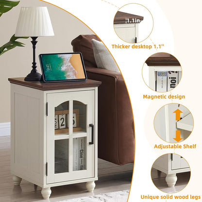 Narrow Side Table Set of 2,White Nightstand with Charging Station,End Table with Glass Barn Door