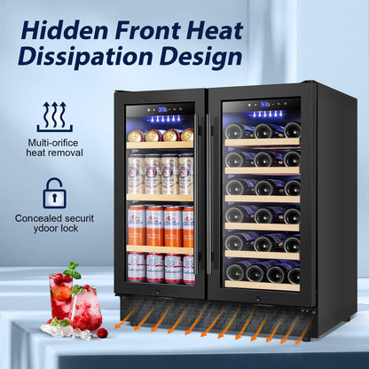 Tylza 30 Inch Wine and Beverage Refrigerator, Dual Zone Wine Beverage Cooler 30" with French Door