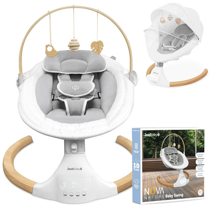 Jool Baby Nova Nature Baby Swing for Newborns – Natural Wood Toys, Electric Motorized Infant Swing