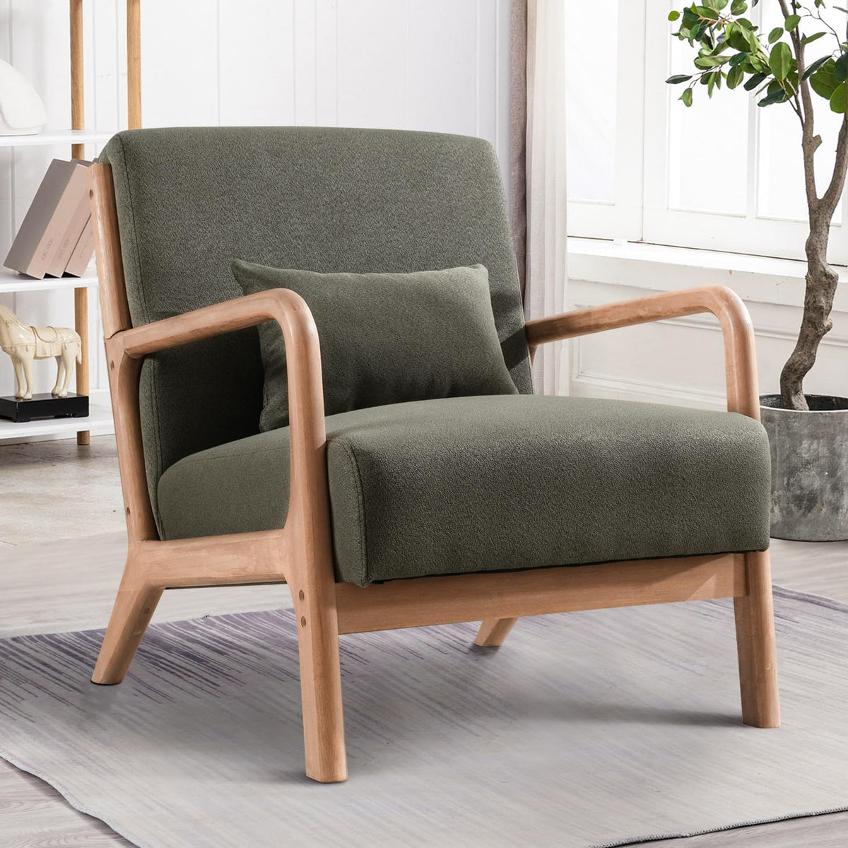 INZOY Mid Century Modern Accent Chair with Wood Frame, Upholstered Living Room Chairs with Waist