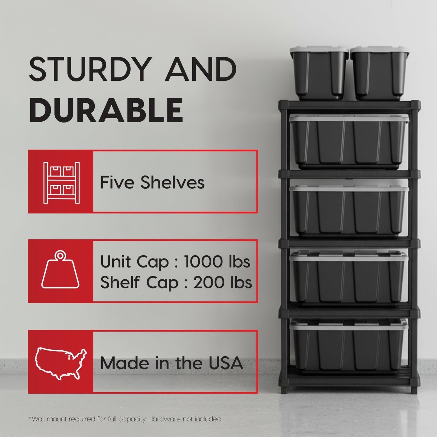 IRIS USA Plastic Storage Shelves |Made in USA| 75"H x 36"W x 24"D - Black