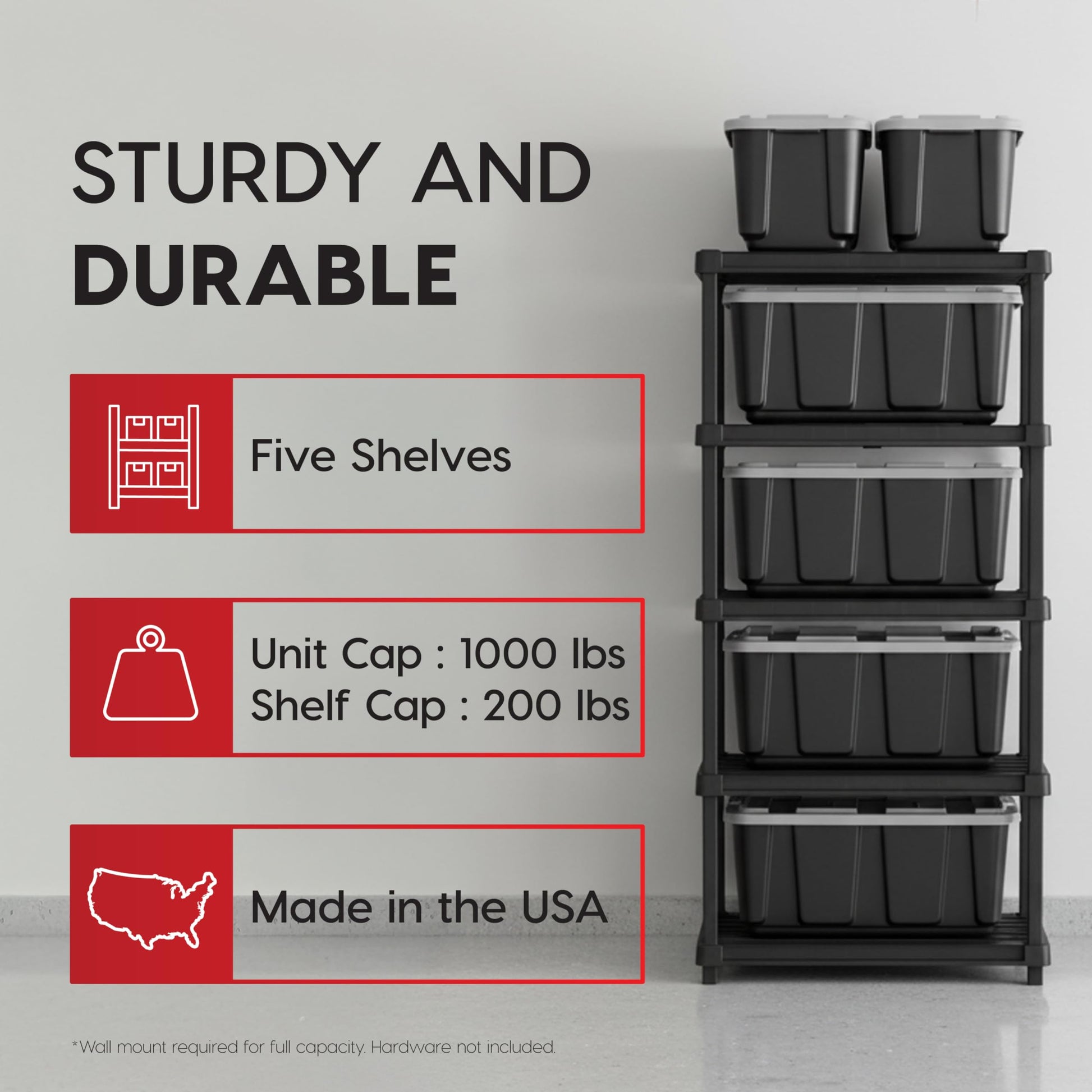 IRIS USA Plastic Storage Shelves |Made in USA| 75"H x 36"W x 24"D - Black