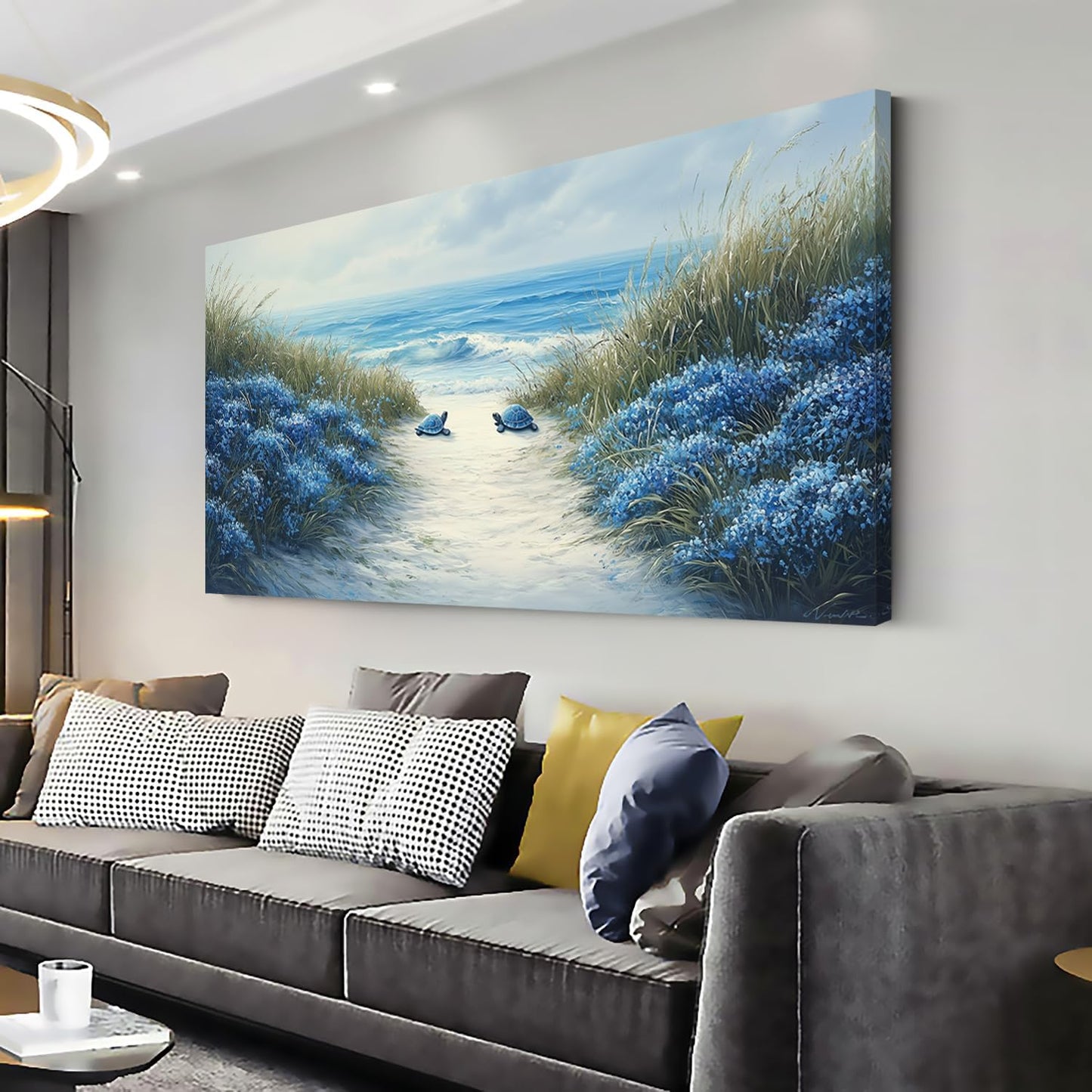 LASMOND Romantic Beach Wall Art for Living Room Blue Sea Turtle Lovers Canvas Painting Prints Ocean