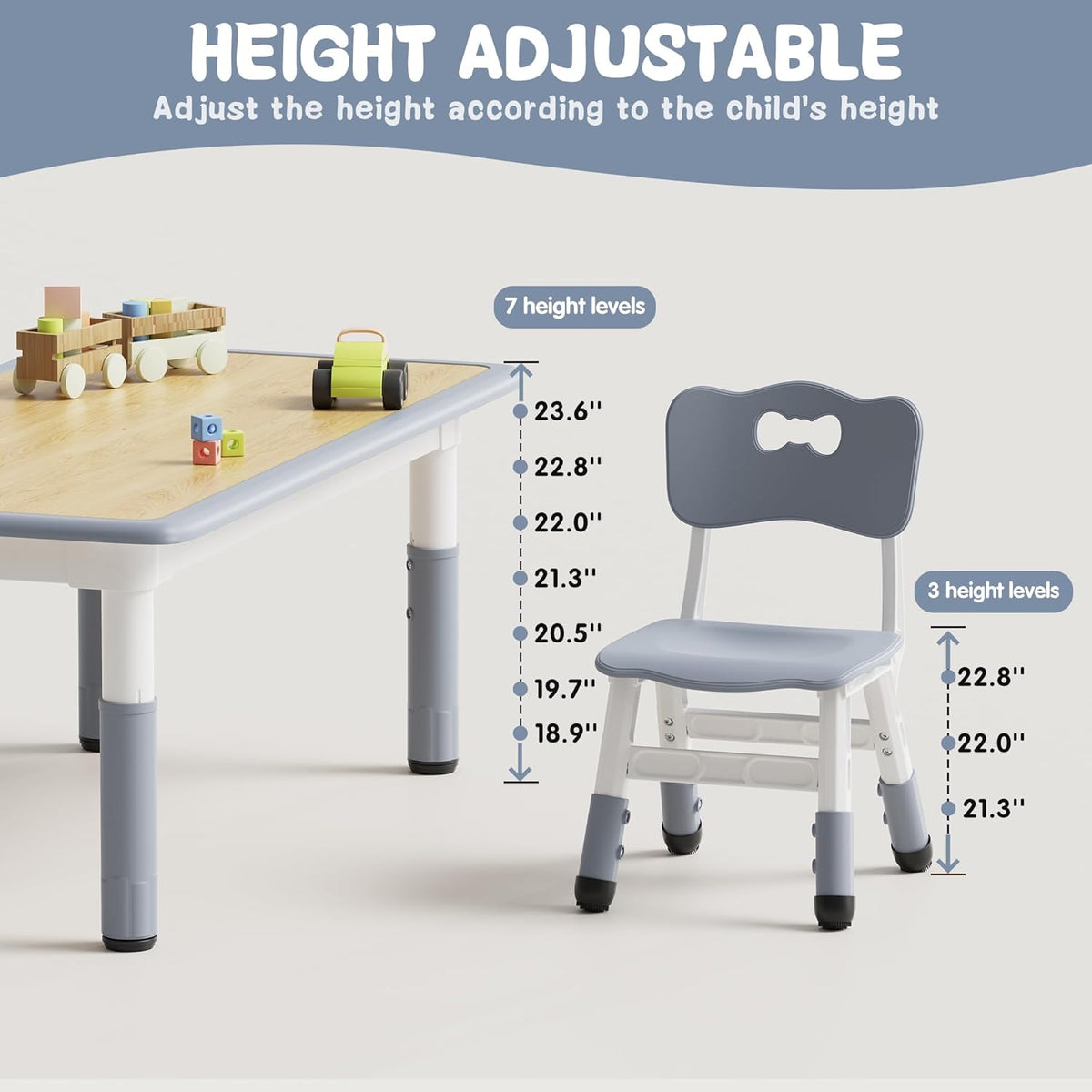 Brelley Kids Table and 4 Chairs Set, Height Adjustable Toddler Desk and Chair Set, Graffiti