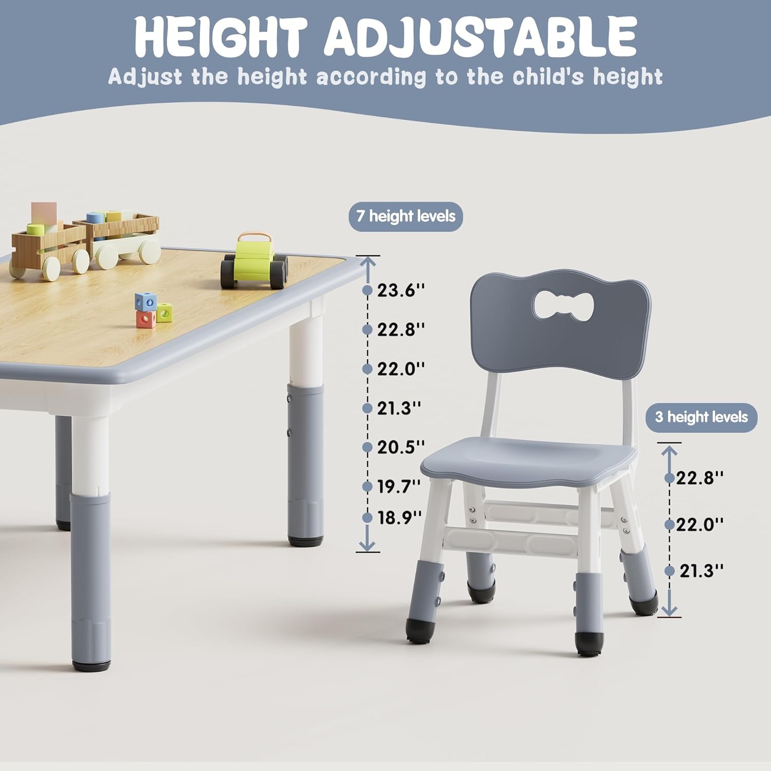 Brelley Kids Table and 4 Chairs Set, Height Adjustable Toddler Desk and Chair Set, Graffiti