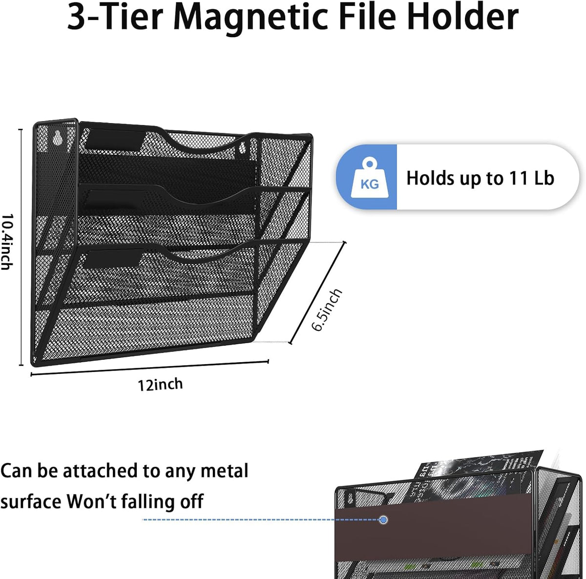 3-Tier Magnetic File Holder, No Drilling Installation File Cabinet Organizer, Black Magnetic File