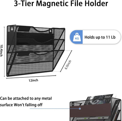 3-Tier Magnetic File Holder, No Drilling Installation File Cabinet Organizer, Black Magnetic File