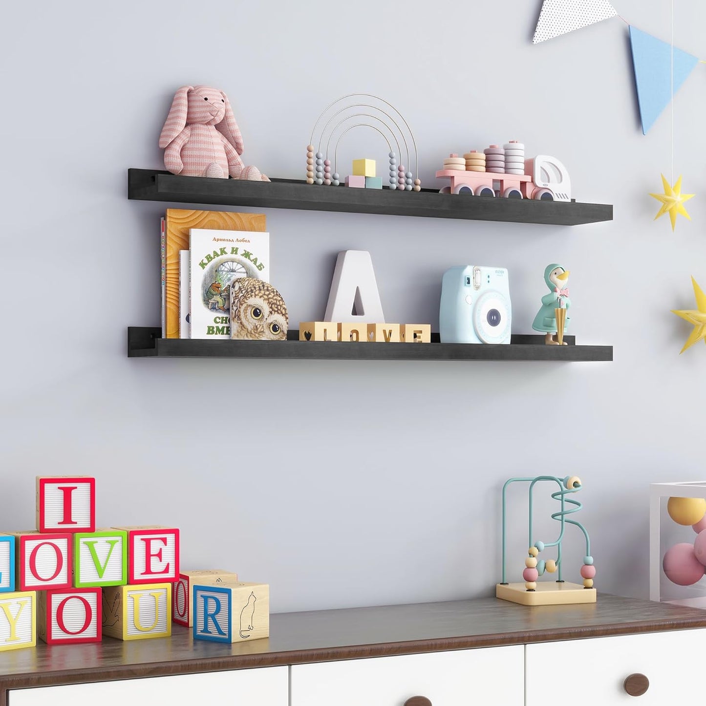 Picture Ledge Shelf for Wall, 36 inch Solid Pine Wood Nursery Book Shelves 2 Packs, Floating Ledge