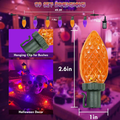 2PK 100 LED Purple and Orange C9 Halloween Lights Indoor Outdoor, Extendable 98FT C9 String Lights