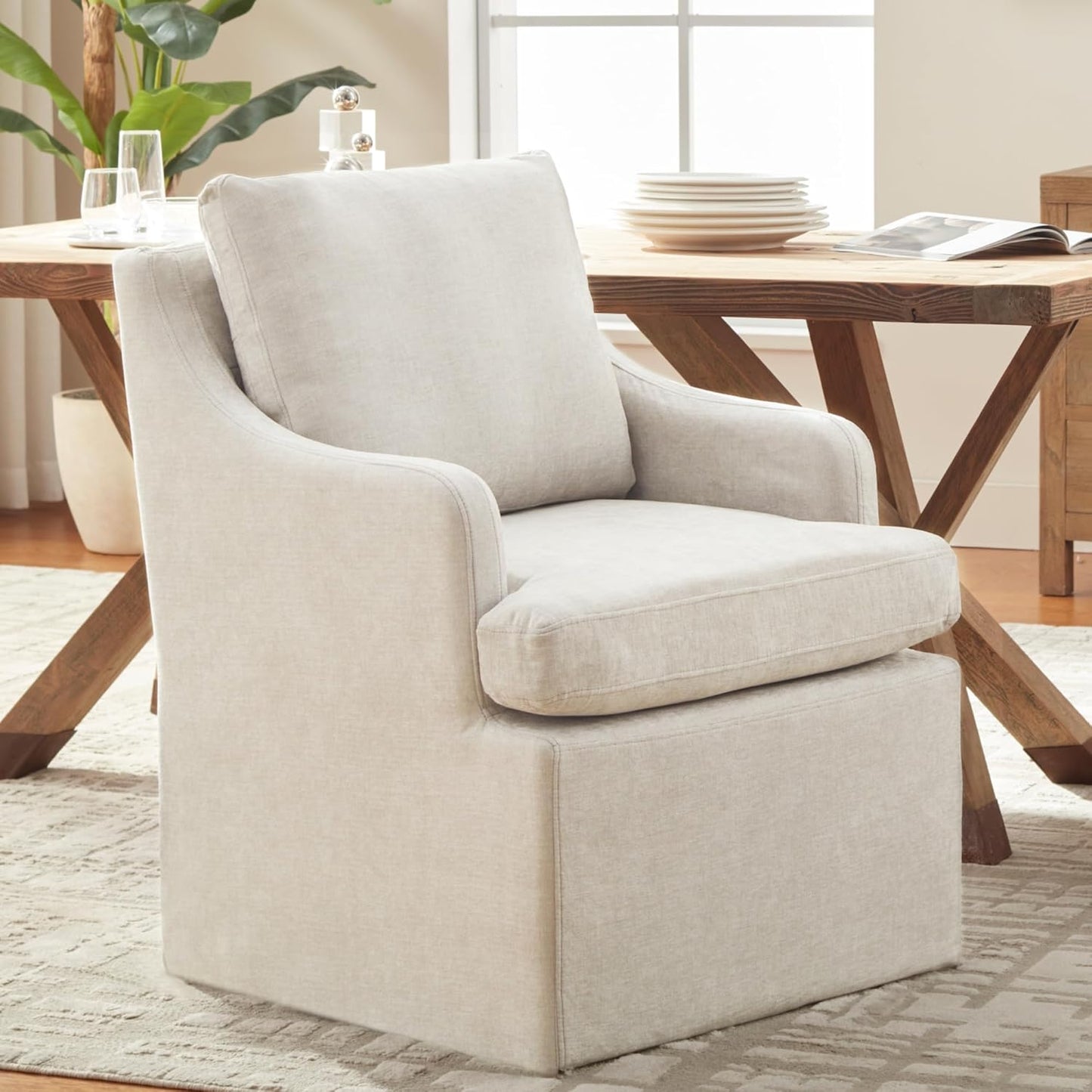VKNOW Upholstered Dining Chairs Set of 2, Modern Kitchen Chairs Dinner Chairs with 4 Casters, Linen