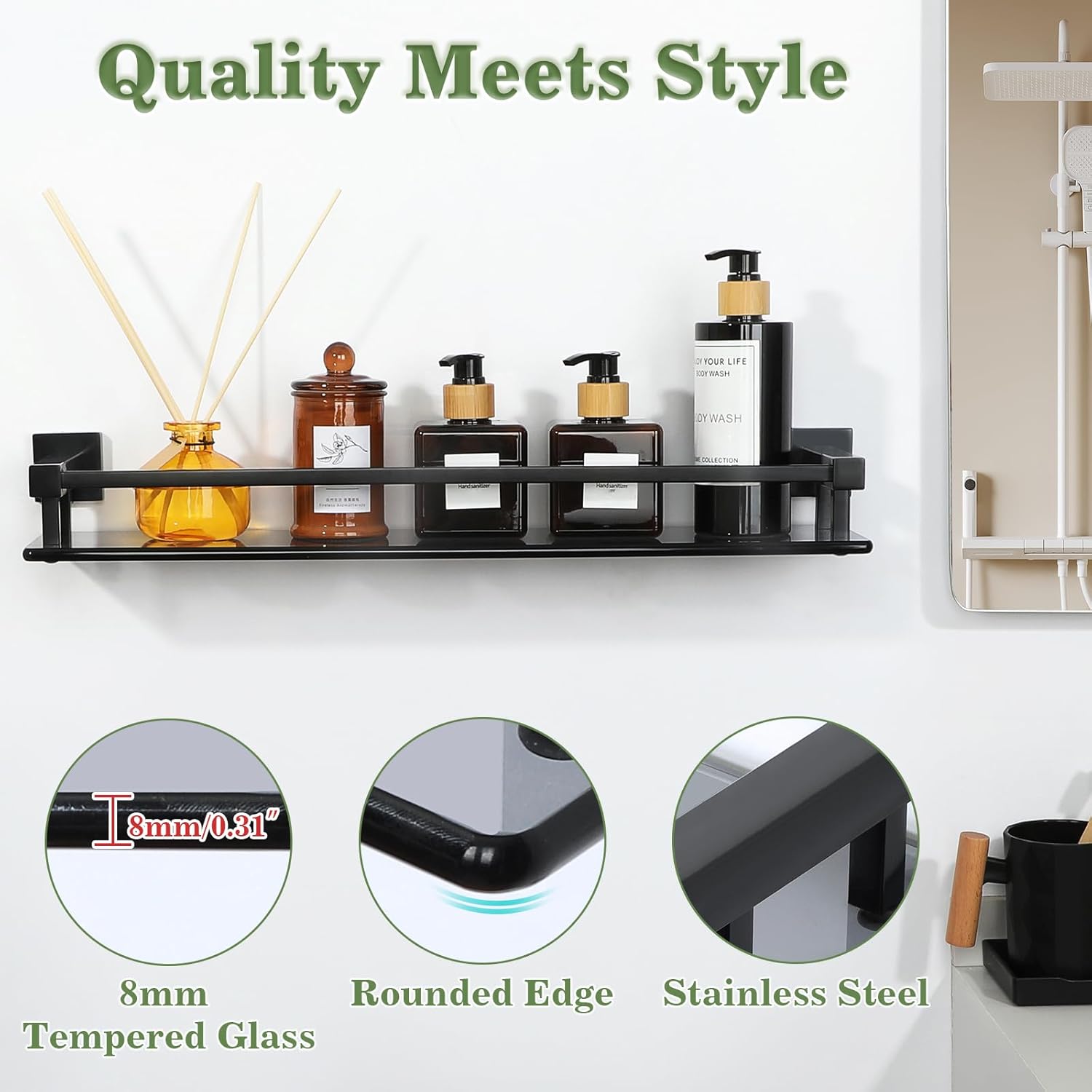 Alise Bathroom Shelves,Matte Black Glass Shelf for Bathroom, Modern Floating Shelves,20 inch