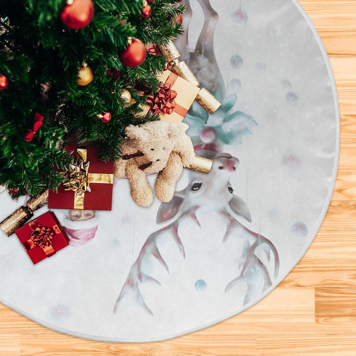 Christmas Tree Skirt - 36 Inch Santa Claus Pink Reindeer Xmas Tree Mat for New Year Party