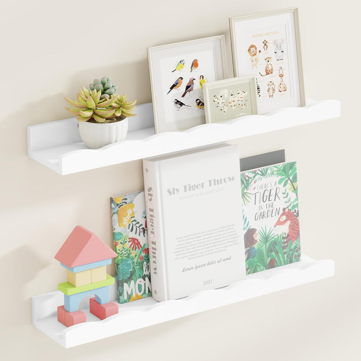 Fun Memories Picture Ledge Shelf for Wall, 24 inch Pine Wood Nursery Book Shelves Set of 2- Wall
