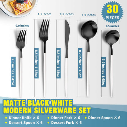 Matte Black White Silverware Set for 6,Modern Stainless Steel Brushed Cutlery Set,30-Pieces Heavy