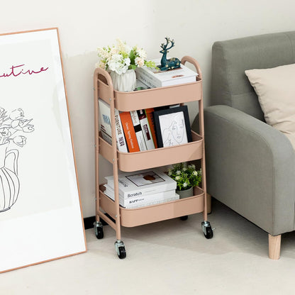 AGTEK Makeup Cart, Movable Rolling Organizer Cart, 3 Tier Metal Utility Cart with Lockable Wheels
