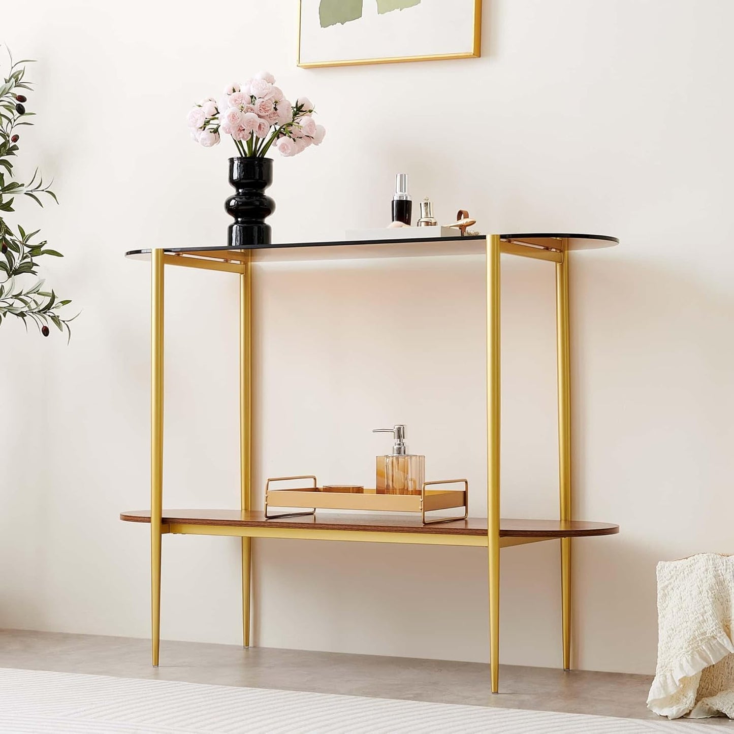 Oval Glass Console Table for Living Room, Foyer & Entrance, 2-Tiers Mid-Century Modern Sofa Table