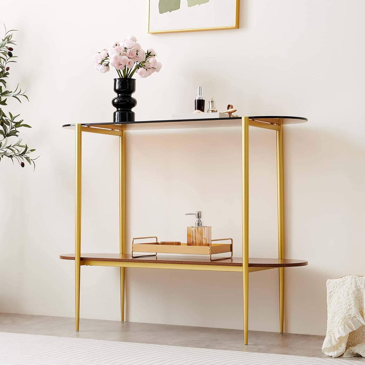 Oval Glass Console Table for Living Room, Foyer & Entrance, 2-Tiers Mid-Century Modern Sofa Table