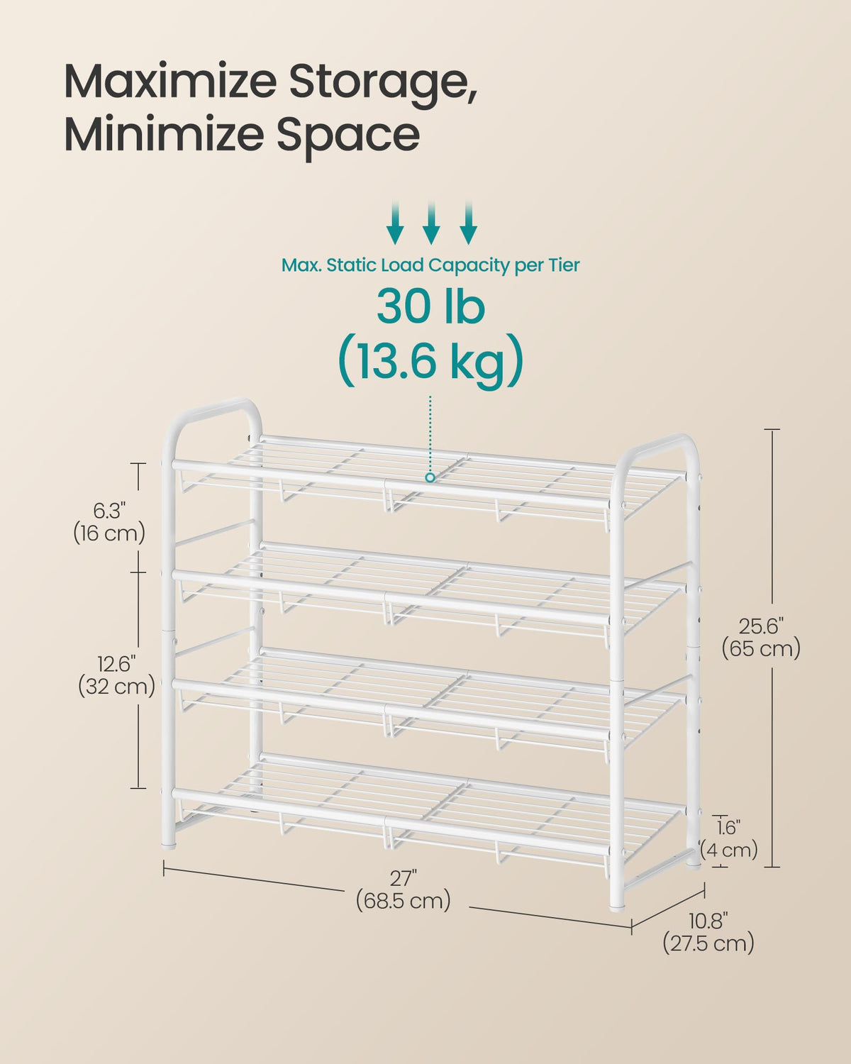 SONGMICS Stackable Shoe Rack, 4 Tier Metal Shoes Rack Storage Shelf, Holds up to 16 Pairs