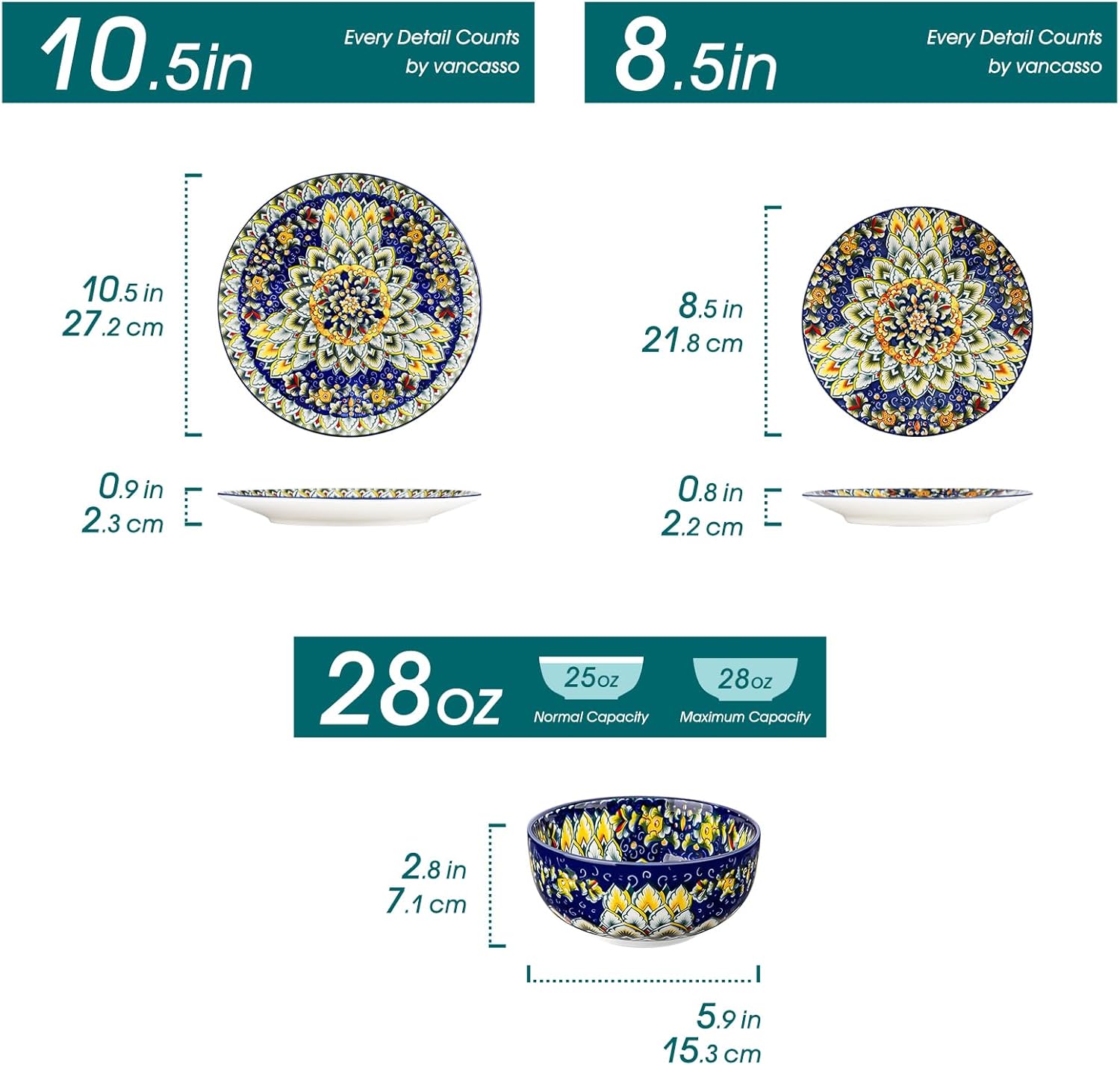 vancasso 12 Pieces Dinnerware Sets, Blue Plates and Bowls Set, Porcelain Dishes Set for 4