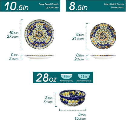 vancasso 12 Pieces Dinnerware Sets, Blue Plates and Bowls Set, Porcelain Dishes Set for 4