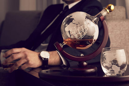 Whiskey Decanter Globe Set with 2 Etched Whiskey Glasses - for Liquor Scotch Bourbon Vodka, Gifts
