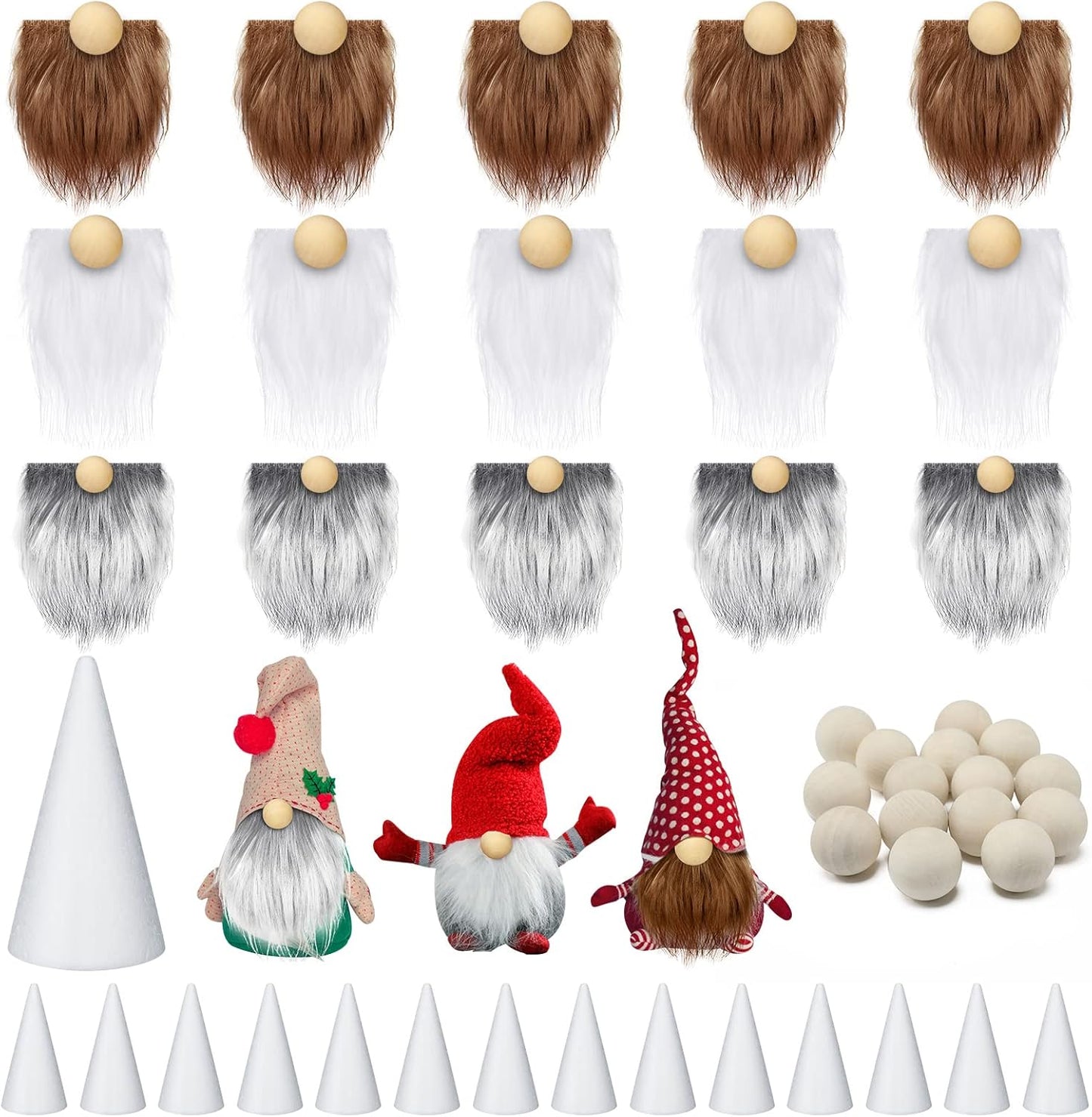 Sosation 60 Pcs Gnomes Beard Sets Faux Fur Pre Cut Gnomes Beard Foam Cone Foam Handmade Wood Balls