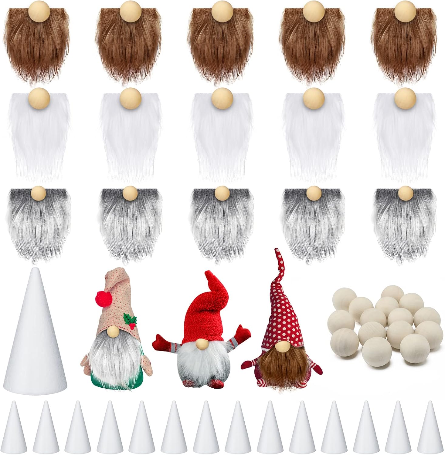 Sosation 60 Pcs Gnomes Beard Sets Faux Fur Pre Cut Gnomes Beard Foam Cone Foam Handmade Wood Balls