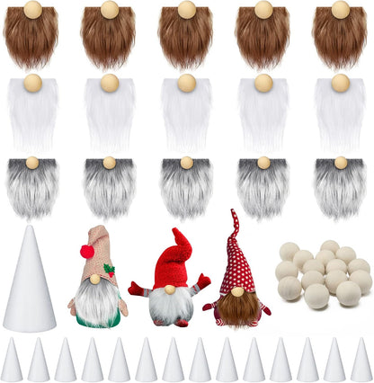 Sosation 60 Pcs Gnomes Beard Sets Faux Fur Pre Cut Gnomes Beard Foam Cone Foam Handmade Wood Balls
