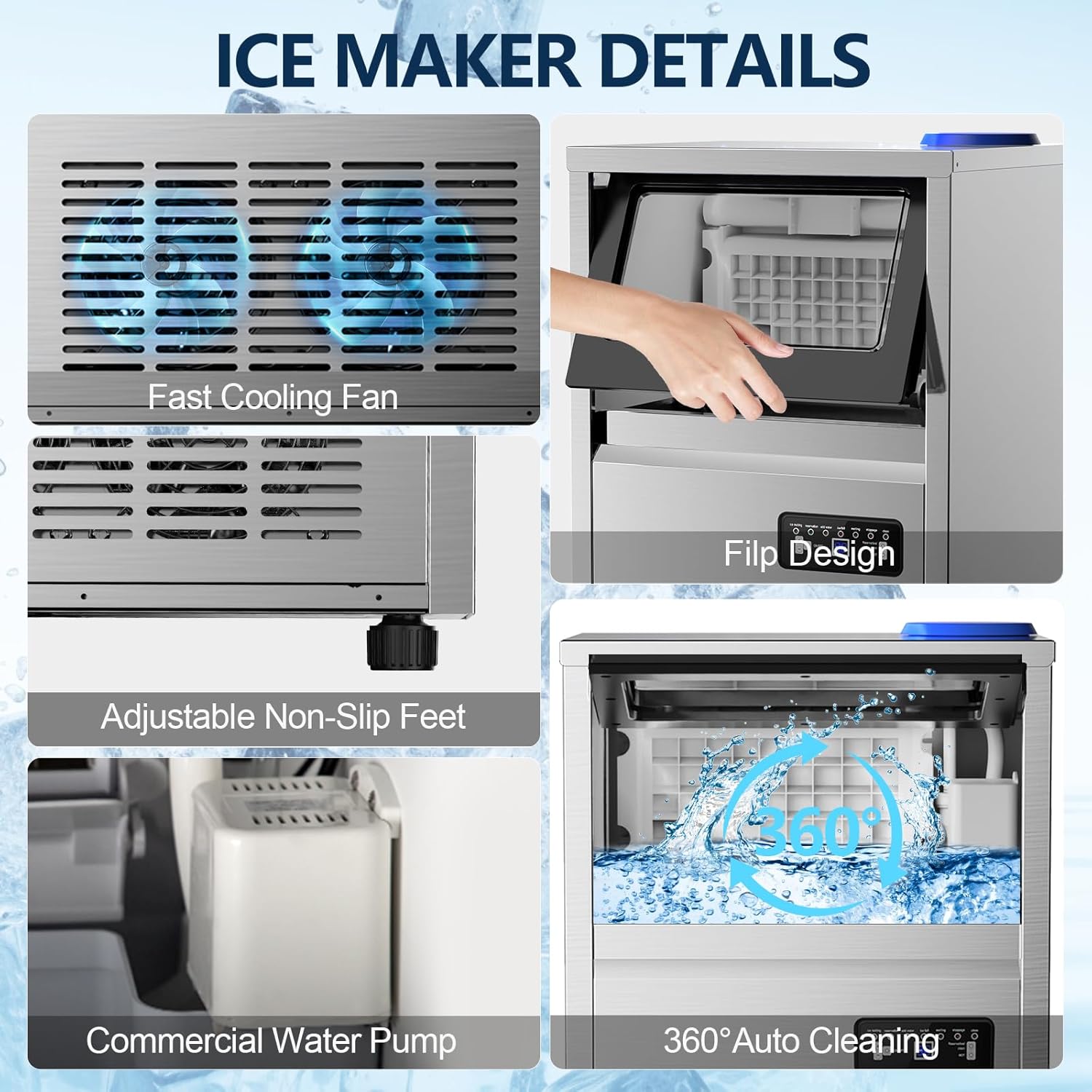 Commercial Ice Maker Machine, 150Lbs/24H with 45Lbs Storage, Fast Ice Making in 8-15Mins, Stainless