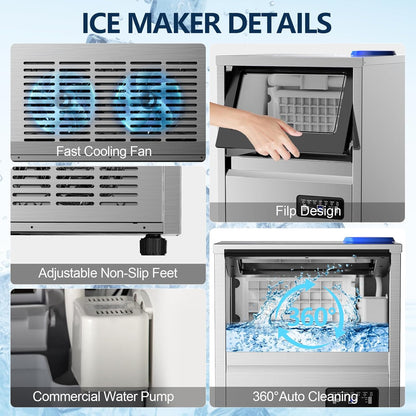 Commercial Ice Maker Machine, 150Lbs/24H with 45Lbs Storage, Fast Ice Making in 8-15Mins, Stainless