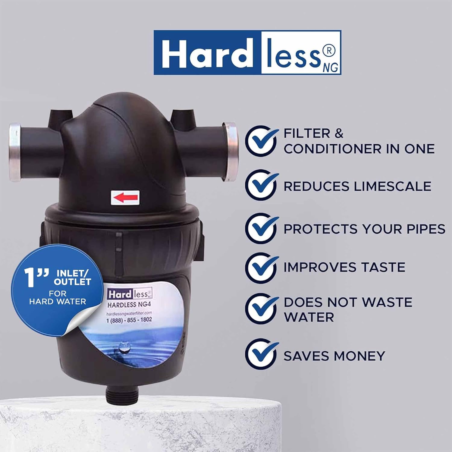 Hardless NG4 Whole House Water Filter - Salt-Free Softening Device - Reduces Limescale, Sediment &