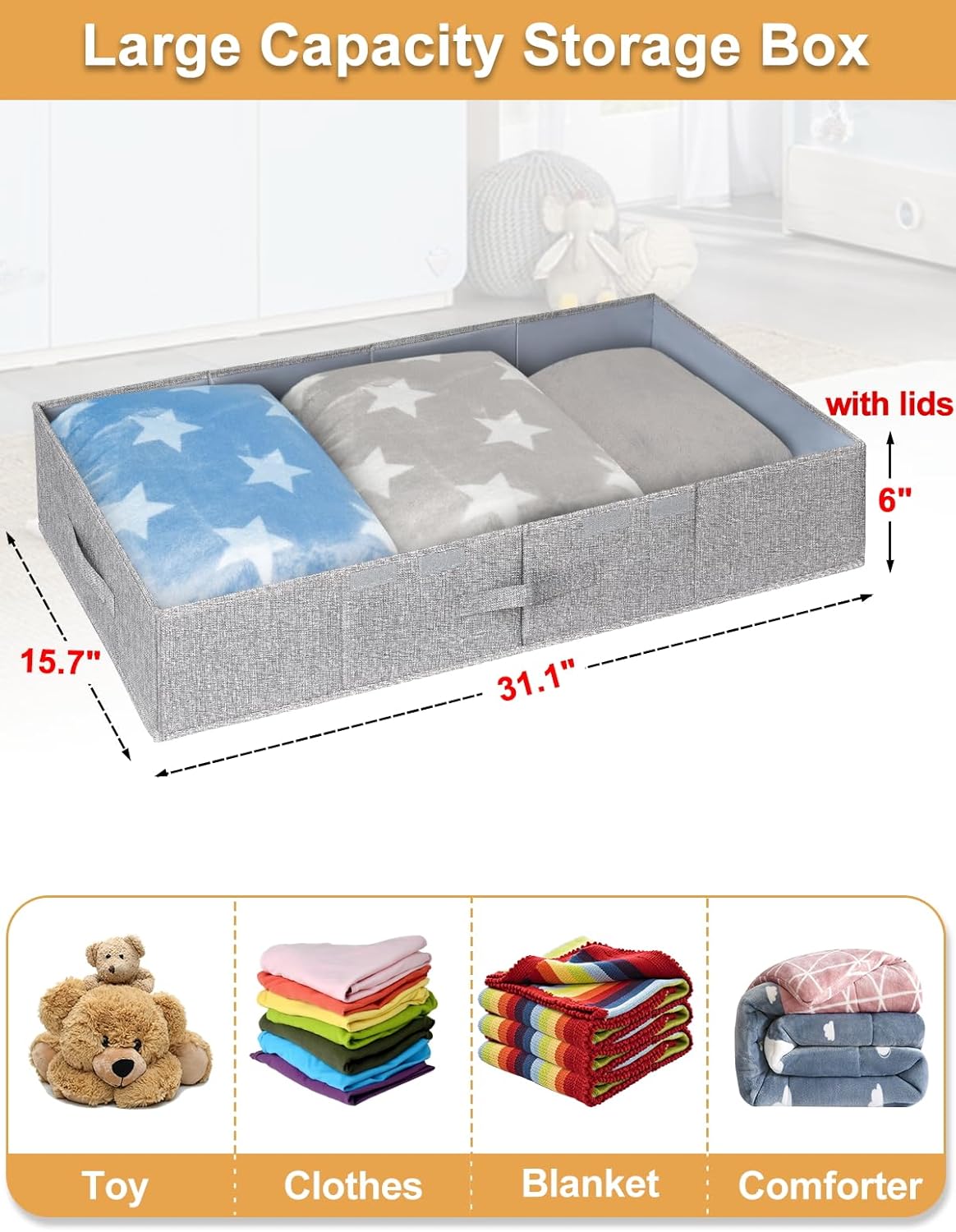 punemi Under Bed Storage With Lids, 2 Pack Large Underbed Storage Containers Clothes W/ 3 Handles