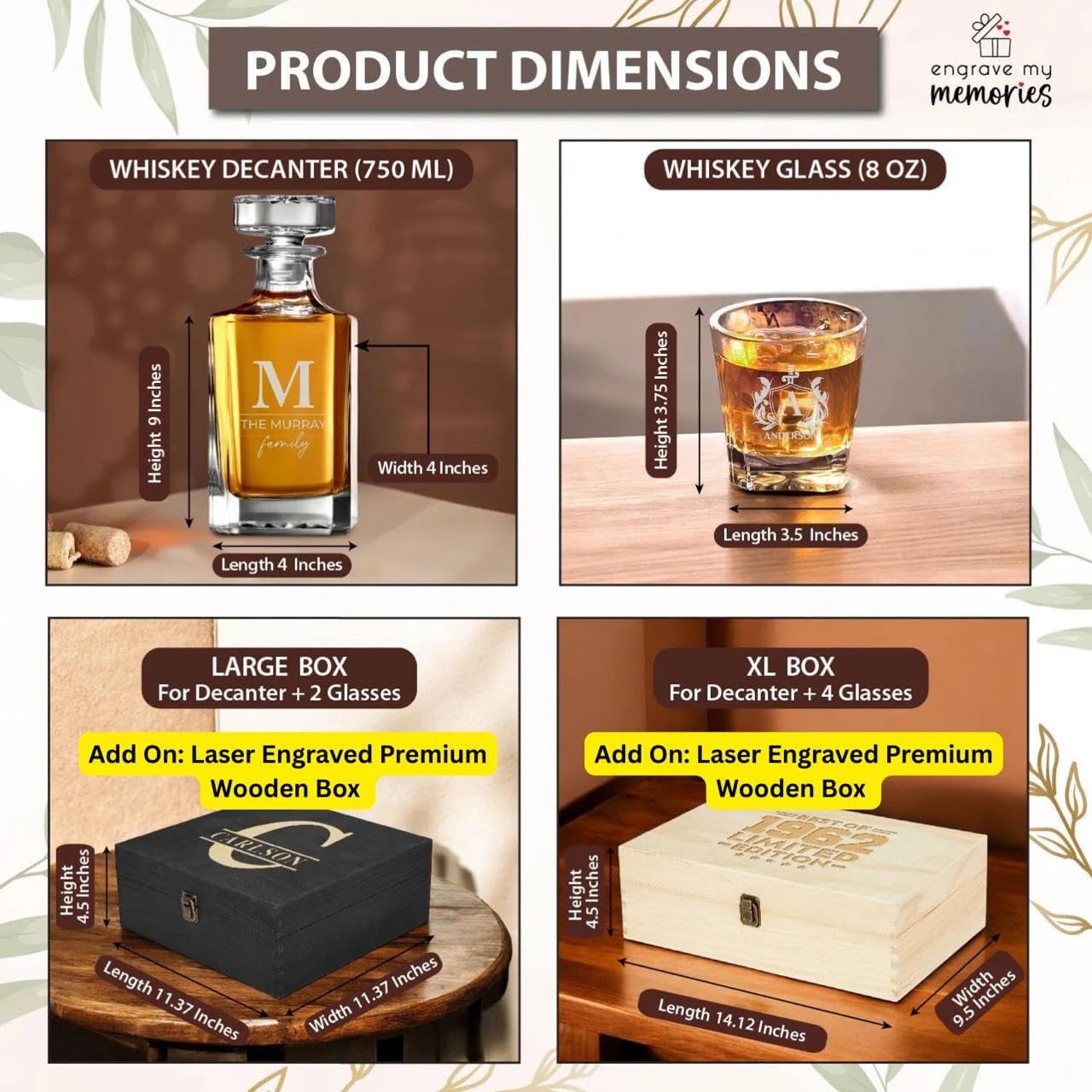 Personalized Square Whiskey Decanter Set for Men 750ml Luxury Gift for Valentine's, Birthdays
