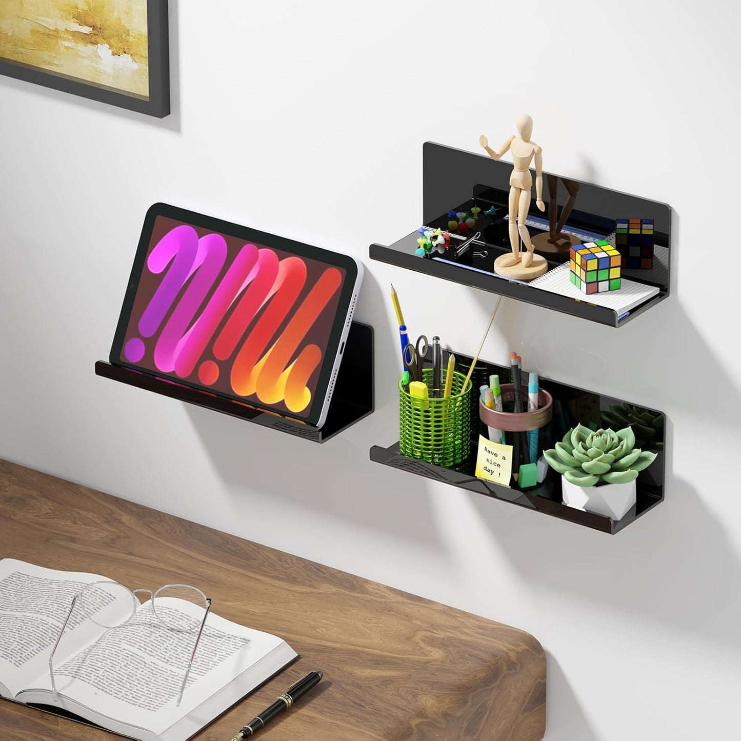 Acrylic Floating Shelves for Wall No Drilling, Self Adhesive Space-Saving Shelves, 12 Inch Floating