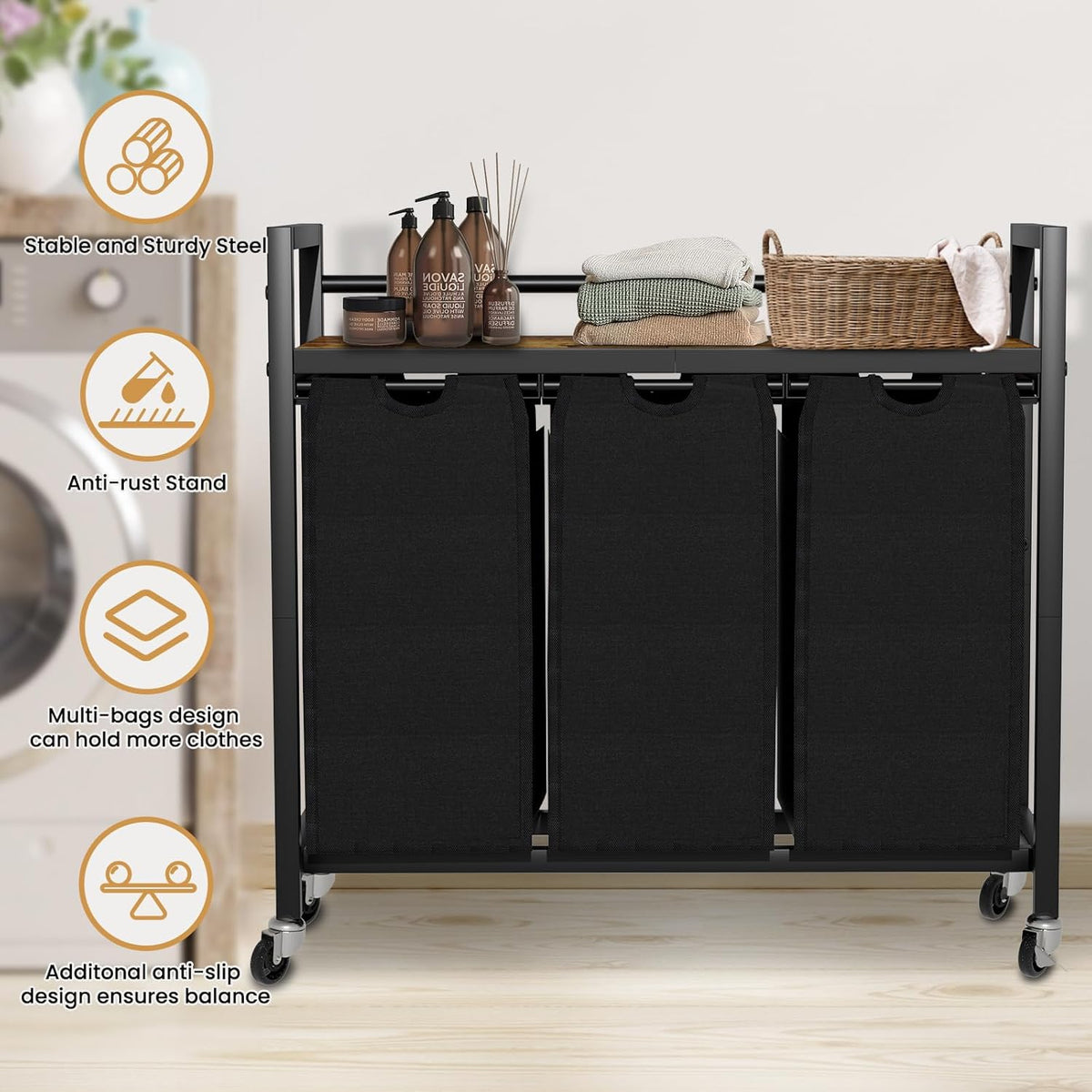 Laundry Hamper, Laundry Basket, Laundry Sorter with 3 Removable Bags, Clothes Basket with 3