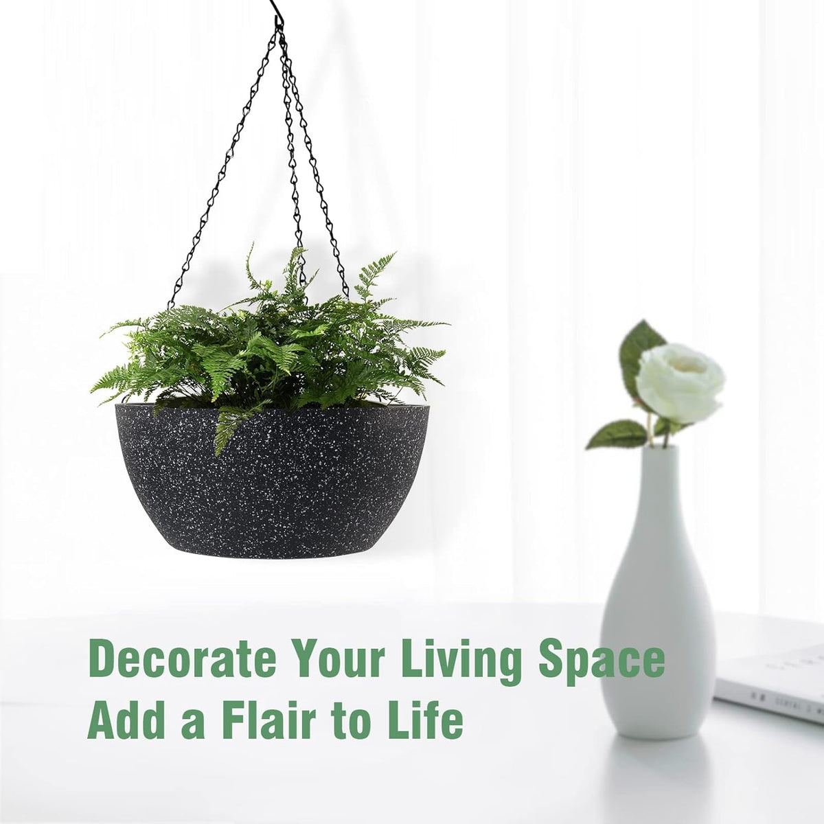 10 inch Hanging Planters for Outdoor Indoor Plants with Drainage Holes and Chain, 2 Pack Round