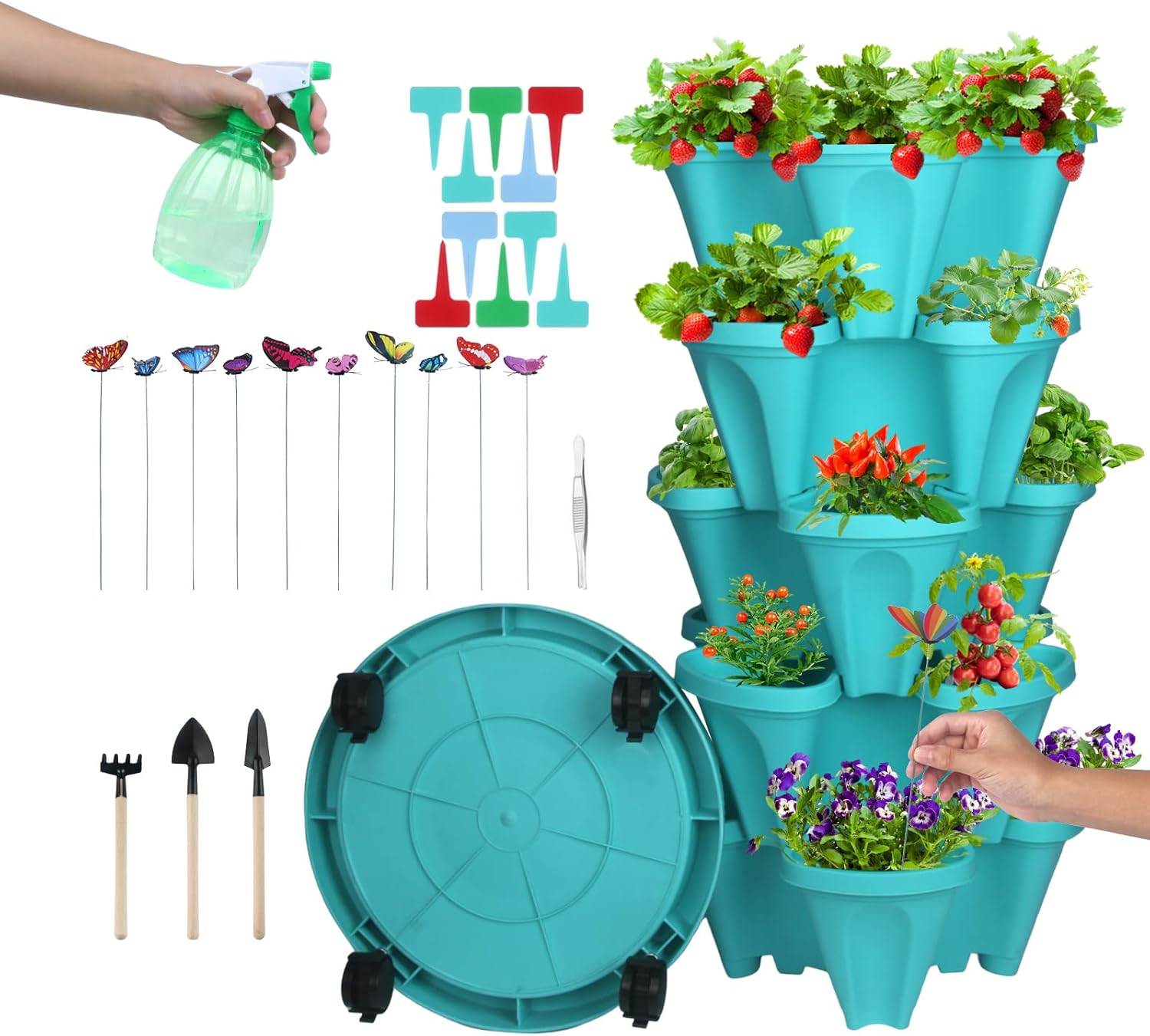 DUNCHATY Stackable Planter, Teal, 6 Tier Garden Tower, Self Watering, Indoor/Outdoor, with Garen