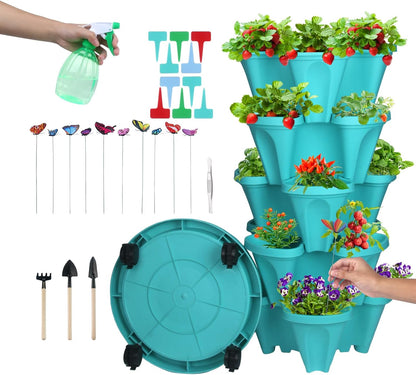 DUNCHATY Stackable Planter, Teal, 6 Tier Garden Tower, Self Watering, Indoor/Outdoor, with Garen